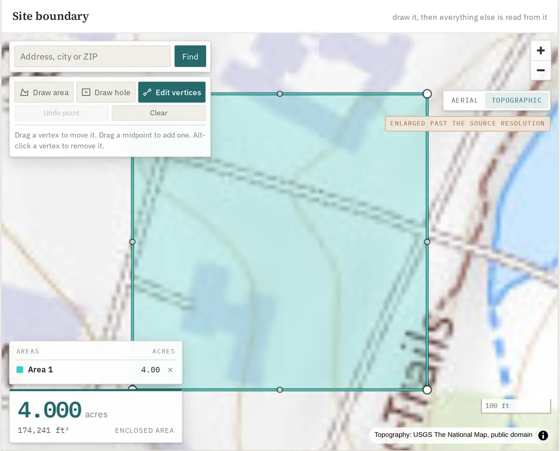 The drawing surface: a topographic basemap with a four acre rectangular site boundary drawn on it in teal, an address search box and drawing tools floating over the map, a legend listing the drawn area, and a large readout showing 4.000 acres and 174,241 square feet of enclosed area.